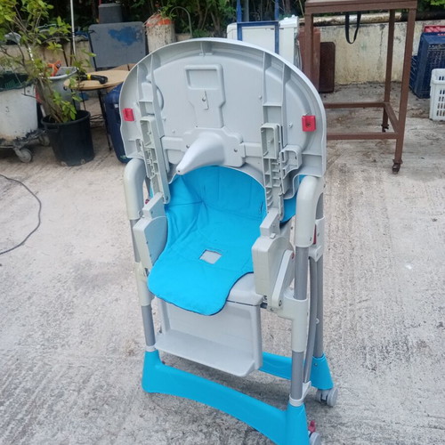 Folding Baby Highchair used, blue with wheels and brakes