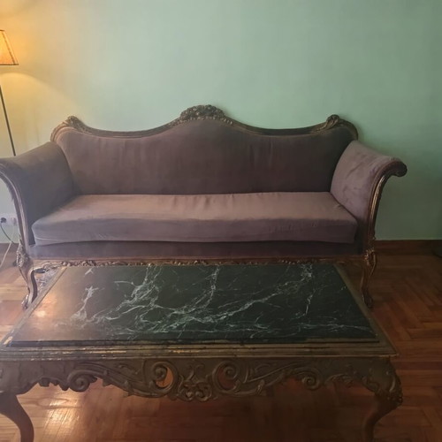 Three-seater sofa with light brown velvet upholstery