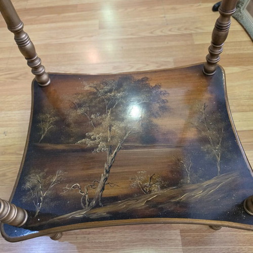 Wooden two-tier table used with hand-painted decoration