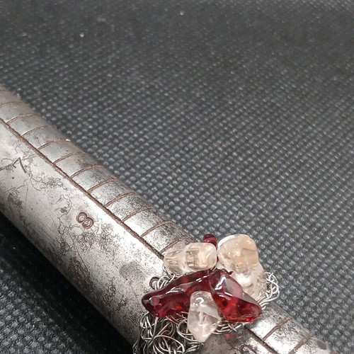Handmade white metal ring with quartz and garnet semi-precious stones