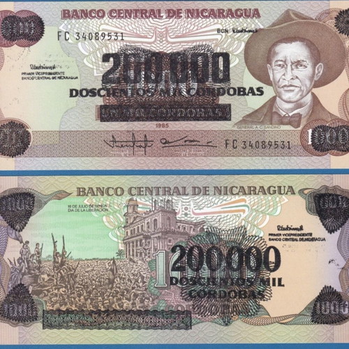 Nicaragua 200000 Cordobas on 1000 Cordobas 1985 banknote new