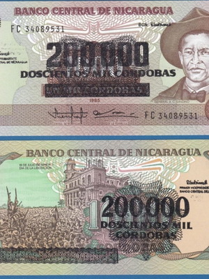 Nicaragua 200000 Cordobas on 1000 Cordobas 1985 banknote new
