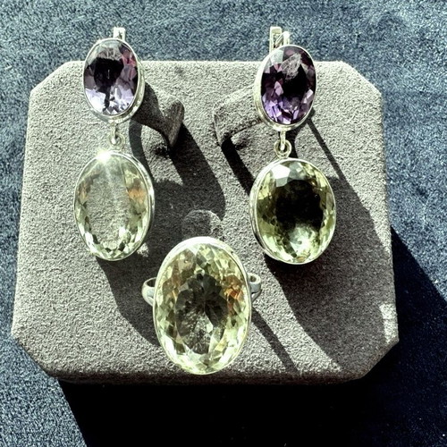 Silver earring and ring set with amethyst and praseolite, new