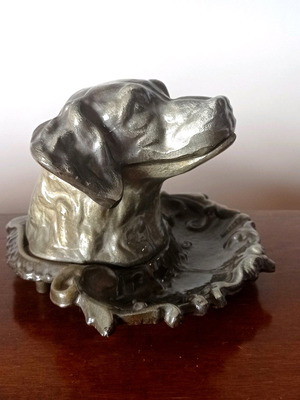 Vintage Soviet metal ashtray in the shape of a hunting dog head used