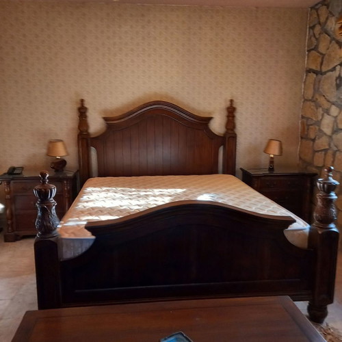 Handcrafted carved bedroom set used, Canadian origin, with 2 nightstands and vanity