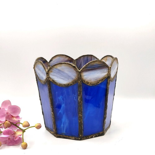 Vintage Dutch decorative candle holder used, blue Tiffany-style glass