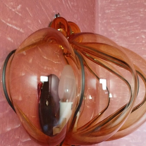 Murano blown glass wall light with brass details, amber color
