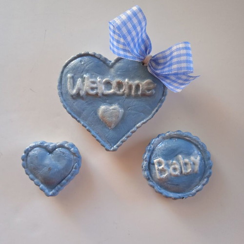 Handmade magnets set of three, blue, welcome baby
