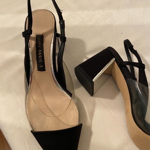 Zara Basic black satin transparent sandals like new, size 36
