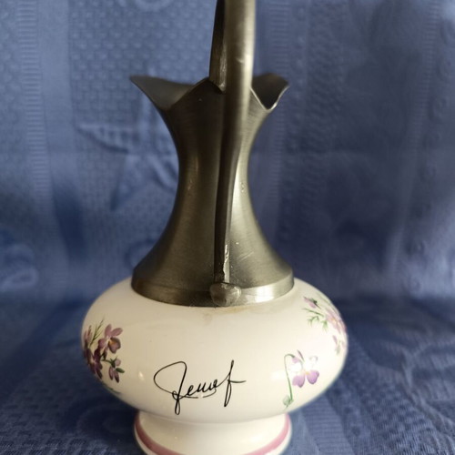 Small pitcher or vase from French porcelain and pewter like new
