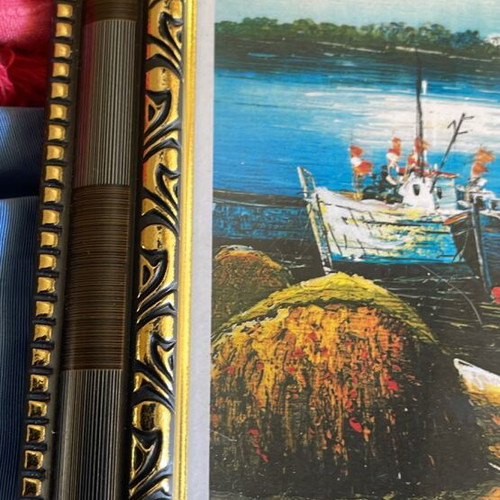 Painting with framed boat image new, 25x20 cm