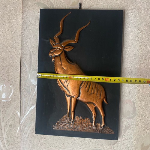 Decorative wall panel with Kudu antelope design in copper and wood like new