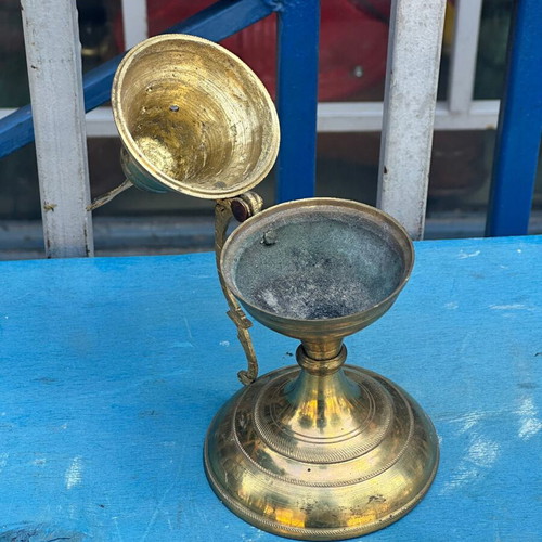 Old bronze table censer with cross, used, 19 cm