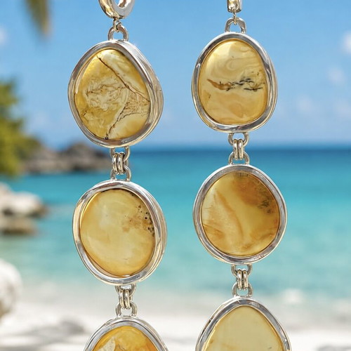 Long White Baltic Amber Earrings in Sterling Silver 925