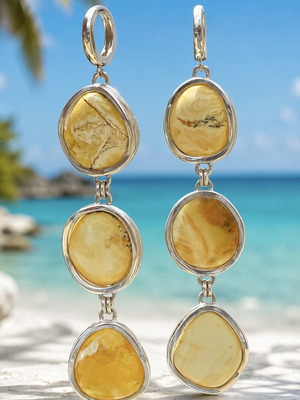 Long White Baltic Amber Earrings in Sterling Silver 925