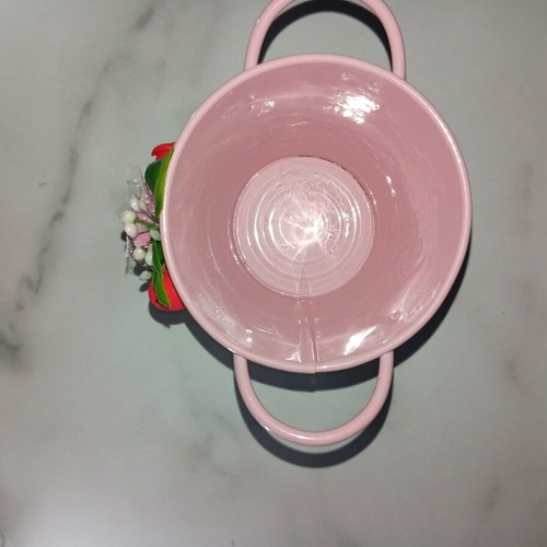 Metal pink flowered cachepot with handmade flowers like new