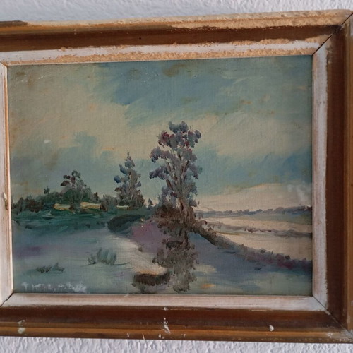 Retro landscape oil painting used, impressionist style with river and trees