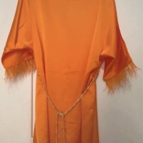 Orange satin short dress new with feathers and chain belt