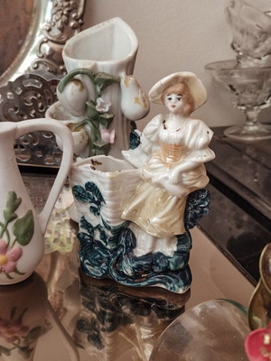 German porcelain figurine girl used, matchstick/toothpick holder