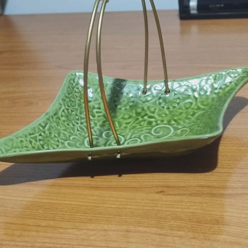 Vintage ceramic fondant dish used, olive green color