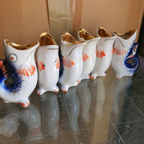 Porcelain fish-shaped pitcher and glasses set, like new, 6 pieces
