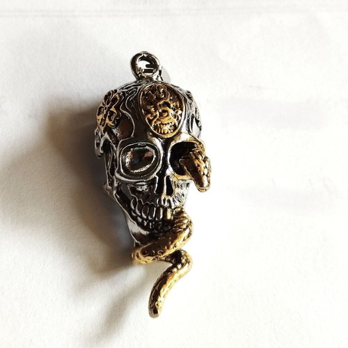 Skull necklace with snake pendant faux bizou new, gold and silver