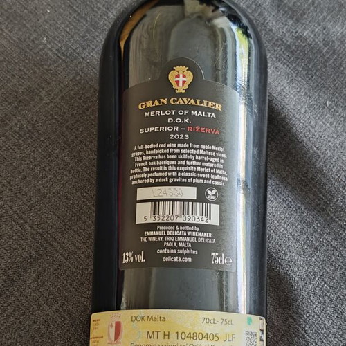 Gran Cavalier Merlot of Malta Riżerva 2023 sealed, new