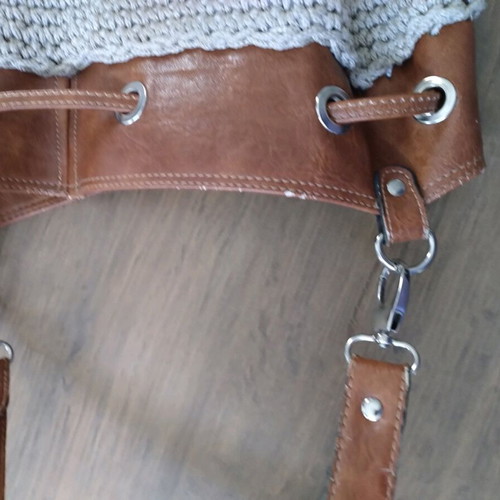 Handmade bucket bag used with brown leather details