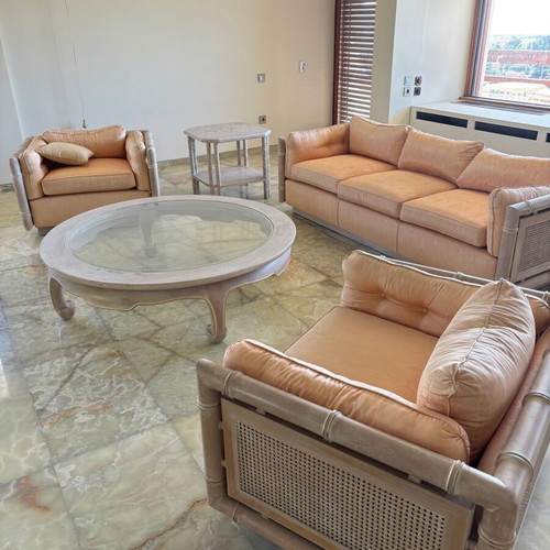 Vintage Bamboo sofa set like new, 3-seater couch with 2 armchairs and 2 tables