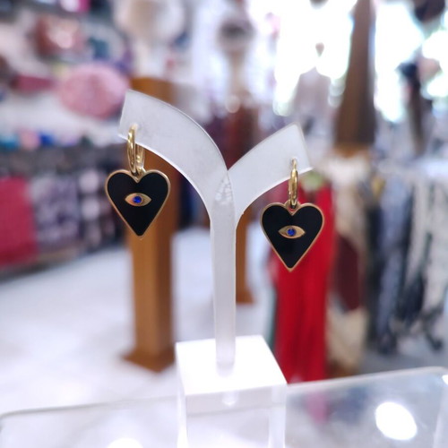 Steel Earrings with Black Heart and Eye New, Gold and Black