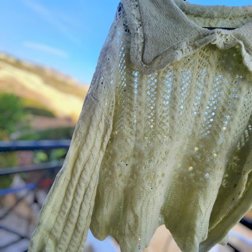 Pastel green sheer open knit oversized sweater with collar and scalloped hem new