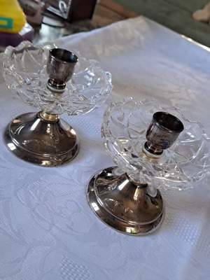 Silver-plated candlesticks with crystal from the 60s like new, pair