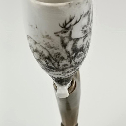 Antique handmade pipe used, horn, bronze and porcelain with deer motif