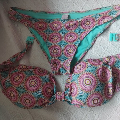 Primark strapless bikini used, pink multicolor, sizes L and XL