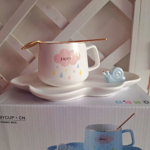 White mug 200ml with saucer and spoon new