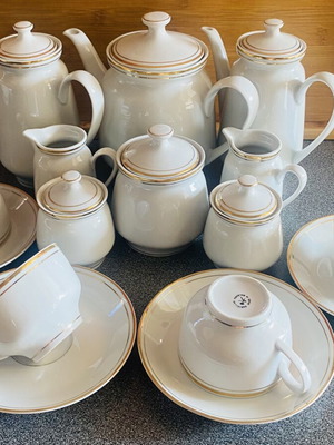 White porcelain tea set with gold trim, 16 pieces