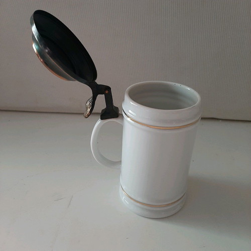 Vintage beer mug like new, Budapest porcelain with copper lid