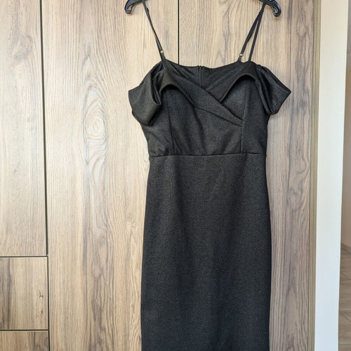 Ysatis black mini dress with draped off-shoulder detail
