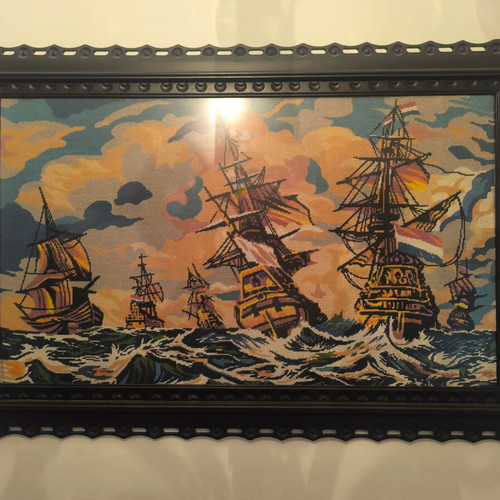 Vintage Embroidered Textile Painting with Dutch Ships like new