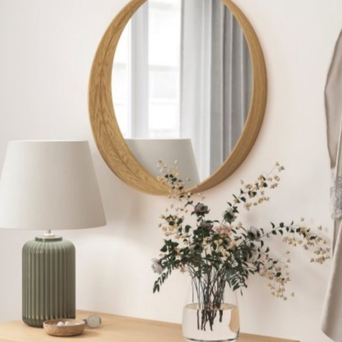 Round Oak Mirror 60 cm like new, natural wood frame