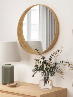 Round Oak Mirror 60 cm like new, natural wood frame