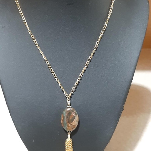 Necklace and earrings set with rutilated quartz in steel, length 80 cm, new