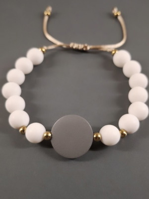 Bracelet with white beads and gray wooden element, new