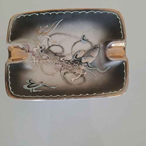 Vintage mid century dragon porcelain ashtray used, hand painted