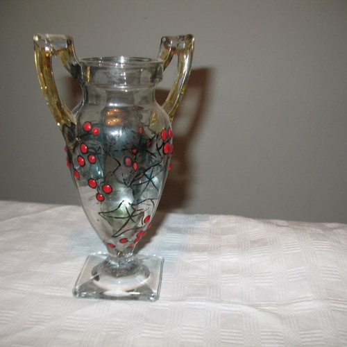 Glass decorated amphora-shaped vase hand-painted like new from the 60's