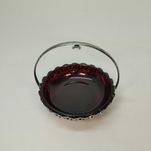 Vintage bowl from England used, red glass with aluminum base 12x12