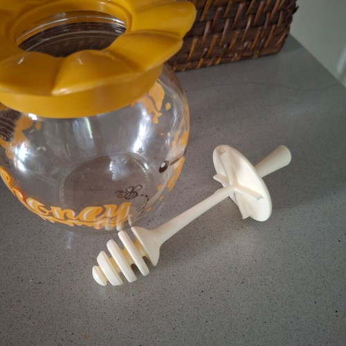 Honey jar like new, glass with plastic lid