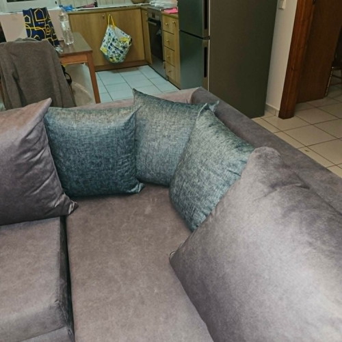 Corner sofa 2.20 x 2.20 m, grey with petrol cushions