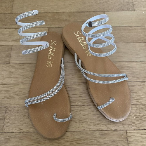 Si Belle sandals with rhinestones and ankle wrap, silver