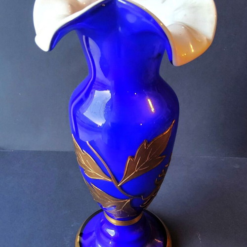 Vintage Bohemia Cobalt Blue Vase with Gold Floral Decoration, Like New
